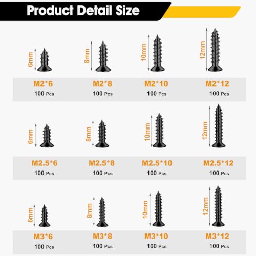 1200Pcs M2,M2.5,M3 Phillips Flat Head Small Self Tapping Screws - color: Black 1200Pcs M2-M3 Phillips Flat Head Screws