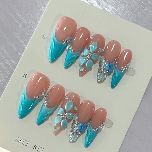 MAGLFELL Handmade Press on Nails, Long Length Stiletto False nails, French Blue 3D Floral Fake nails with Water Droplet, 10 Pcs Reusable Stick On Nails Thick Acrylic ABS for Women (Size M) - color: Blue Flower, size: M