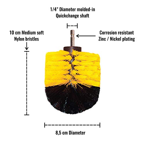Premium Drill Brush Professional – Medium-Soft 5-Piece Kit (5/4 / 3.5/2 in Brushes + 6 in Extension) | Scratch-Free Cleaning Brush for Tile, Grout, Bath, Shower, Fibreglass, Ceramic - color: Yellow