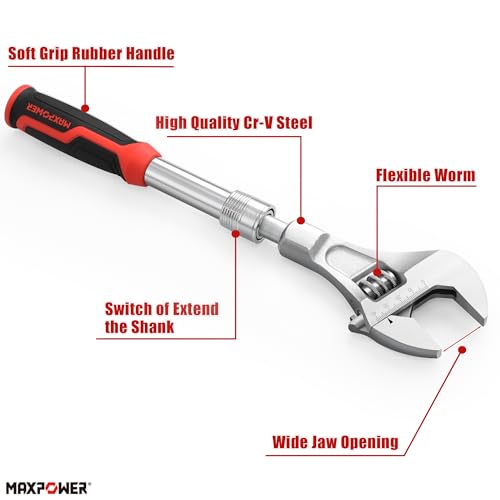 MAXPOWER Extendable Adjustable Wrench, Retractable Extension Shank 13.8" to 19.7", Soft Grip Handle