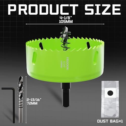 4-1/8"(105mm) Bi-Metal Hole Saw with Arbor - Multi-Material Cutting Kit for Thin Iron, Wood & Drywall - High-Speed Steel Teeth with Smooth Cutting Edge, Fast Chip Removal & Bonus Dust-Proof Bag - size: 4-1/8"(105mm)