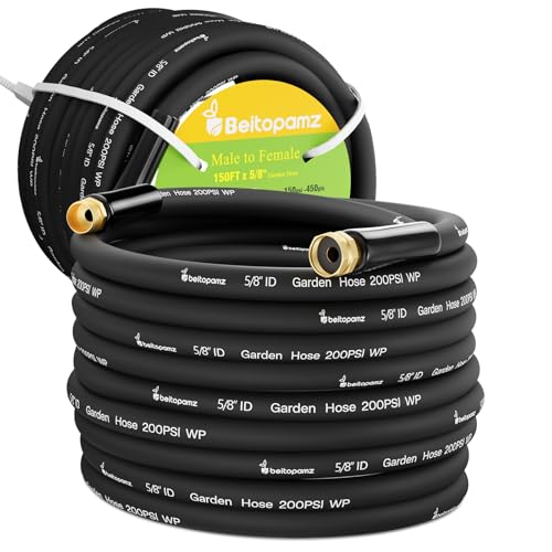 Beitopamz 150 ft Garden Hose, 5/8 in Heavy Duty Water Hose, Flexible and Durable, Lightweight Rubber Hybrid Hose, Leak-Free Connections, Male to Female 3/4'' Brass Fittings for Patio, Lawn, Black - size: 150ft Male to Female