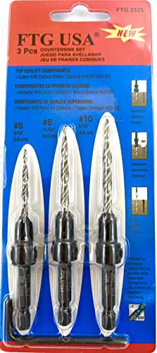 FTG USA 3 Pc Wood Countersink Drill Bit Set #6#8#10 with Hex Key - size: #6#8#10, style: w/o Depth Stop