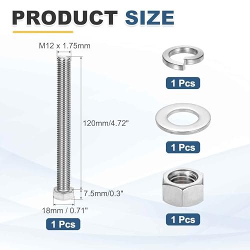 MECCANIXITY M12 x 120mm 304 Stainless Steel Hex Head Screws Bolts, Nuts, Flat & Lock Washers Assortment Kit, Fully Threaded, Bright Finish for Home, Electronic, Machine, 1 Sets - size: M12 x 120mm