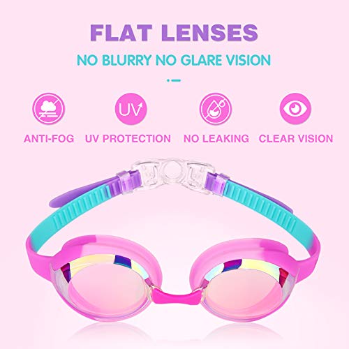 Keary Kids Swim Goggles Anti Fog & UV Girls Toddler Boys for 3-12 - color: Mirrored Black & Pink