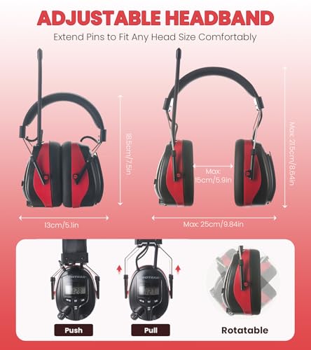 AM FM Radio Hearing Protection Earmuff, Bluetooth 5.4, 30SNR - color: Am/Fm+ Bluetooth-red