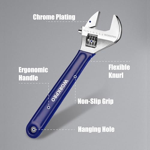 WORKPRO 4-Piece Wide Jaw Adjustable Wrench Set, 6"-12", Chrome Plated - color: Blue