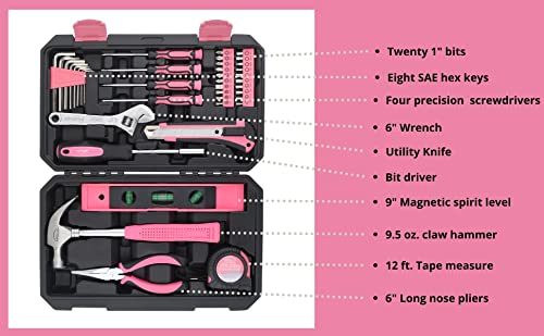 Apollo Tools 39 Piece General Household Tool Set, Pink DT9711P - color: Pink, size: 39-Piece (with Long Nose Pliers + Wrench)