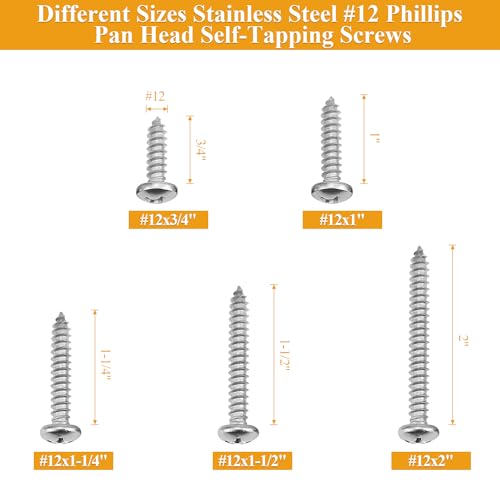 51 Pieces #12 x 3/4" 1" 1-1/4" 1-1/2" 2" Wood Screws Set, Phillips Pan Head #12 Self-Tapping Screws Assortment Kit, 304 Stainless Steel - size: #12, style: Phillips Pan Head