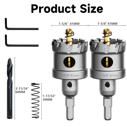 Metal Hole Saw 1-5/8''(41mm) 2Pcs Set Heavy Duty Tungsten Carbide Tipped Hole Cutters Set with a nitrided Step Drill and L-flench, for Steel Iron,Aluminum,Stainless stell,Plastic - size: 1-5/8''(41mm)-2PCS