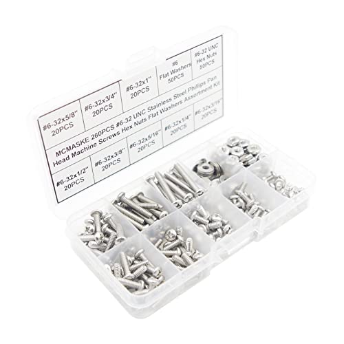 260PCS #6-32 UNC 304 SS Phillips Pan Head Screws Nuts & Washers Kit - size: #6-32UNC