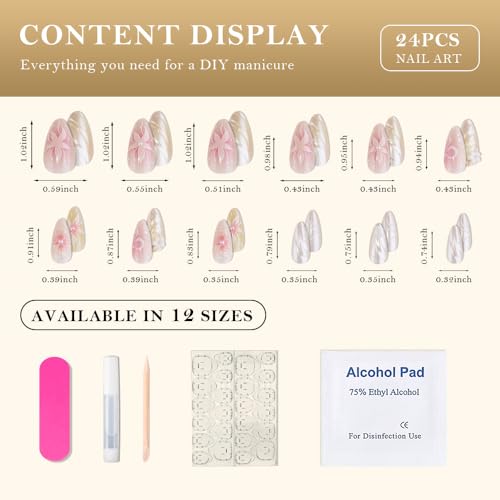 3D Handmade Spring & Summer Pink Press On Nails Almond Medium 24 Pcs, 3D Flowers Designer Reusable Acrylic Fake Nails with Glue, Party And Daily wear Nails for Women Gift - color: LF-3520, size: 24 Pieces (Pack of 1)