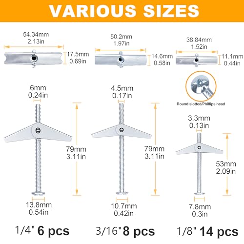 KURUI Heavy Duty Hollow Drywall Anchors for Sheetrock Ceiling, Toggle Bolts and Wing Nut Kit, 28Pcs Metal Dry Wall Anchors and Screws Assortment Set, Butterfly Anchor for Hanging 1/8, 3/16, 1/4