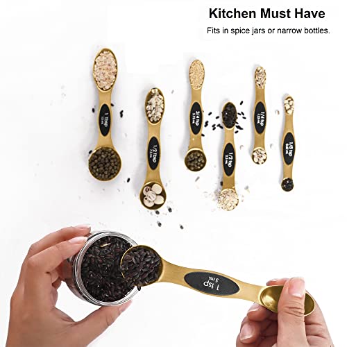Magnetic Measuring Spoons Set Stainless Steel with Leveler, Stackable Metal Tablespoon Measure Spoon for Baking, Measuring Cups and Spoon Set Kitchen Gadgets Apartment Essentials Fits in Spice Jars - color: Gold