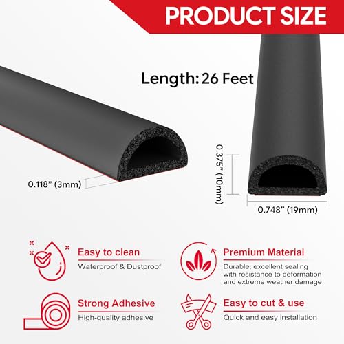 26 Feet Weather Stripping Door Seal Self Adhesive EPDM Foam Rubber Seal Strip D-Shaped Door Weather Stripping for Door and Window, RV, Boat, Auto, Truck, Marine, W:0.75"; H:0.375"