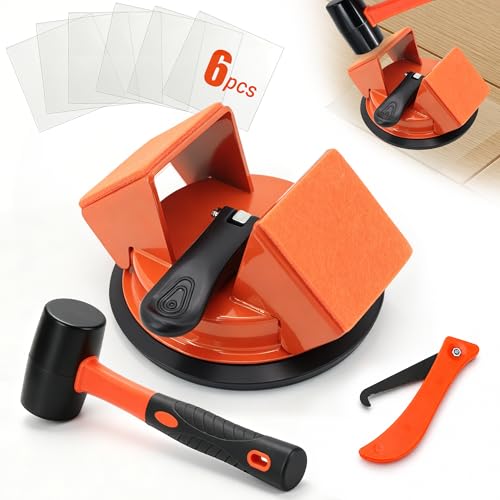 Floor Gap Fixer Tool: Flooring Repair Tool with Dual 45° Striking Surface & Suction Cup for Laminate & Vinyl Plank (LVP/SPC) Floors, Floor Gap Puller Kit with Mallet, 6 Upgraded Adhesive Pads, Scraper