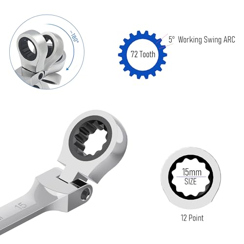 15mm Flex-Head Ratcheting Combination Wrench, 15mm Metric - size: 15mm