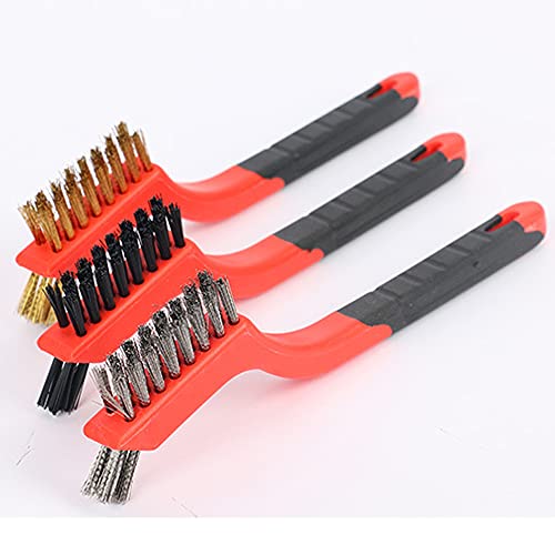 Wire Brush Set for Cleaning Rust Removal in Holes, 3pcs Brass/Stainless Steel/Nylon Brushes - color: Red