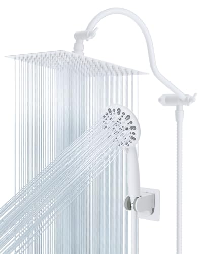 Hibbent All Metal High Pressure Rainfall 10'' Shower Head with Handheld - color: White, style: Square 10''