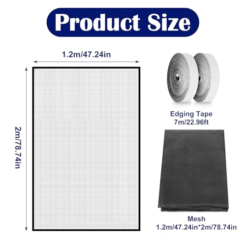 47.2 x 78.7 inch Window Screen with 23 Feet Black Upgraded Hook and Loop Adhesive Edging Frame Free Cutting DIY Self-Adhesive Window Screen Mesh Curtain Replacement