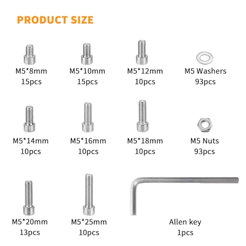 279 Pcs M5 Screws and Nuts Set, Hex Socket Head Cap Screws, Washers Kit - Stainless Steel Metric Machine Screw Assortment, Fully Threaded Hex Nuts and Bolts - size: M5