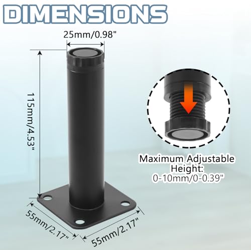 4.7 Inch Adjustable Steel Furniture Legs 4-Pack 1" Dia (Black) - size: 4.7 Inch