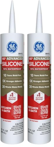 GE Advanced Silicone Caulk for Kitchen & Bathroom, White, 10 fl oz Cartridge, 2 Pack - 100% Waterproof Silicone Sealant, 5X Stronger Adhesion, Shrink & Crack Proof - size: Pack of 2, style: White