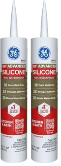 GE Advanced Silicone Caulk for Kitchen & Bathroom, White, 10 fl oz Cartridge, 2 Pack - 100% Waterproof Silicone Sealant, 5X Stronger Adhesion, Shrink & Crack Proof - size: Pack of 2, style: White