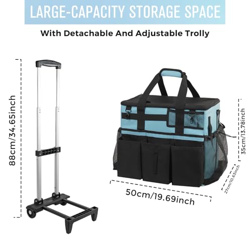 SCAVATA Rolling Cleaning Caddy Bag with Detachable Trolley, Large Cleaning Supplies Organizer with Wheels, Multi Pocket Cleaning Cart with Adjustable Shoulder Strap for Housekeepers & Home, SkyBlue - color: Skyblue