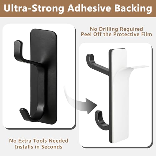 4 Pack Black Stainless Steel Double Wall Hooks, 13LB Strong Adhesive Heavy Duty Stick On Towel Hooks for Bathroom Kitchen Entryway