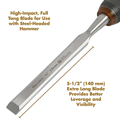 Buck Bros. 74813 1/2-Inch Wood Chisel, Full Tang Wood Carving Tools, Woodworking Tools for Carpentry, Trim Work, and DIY Projects, Hardened Steel Blade, Beveled Edge, Durable Non-Slip Handle - size: 1/2-Inch