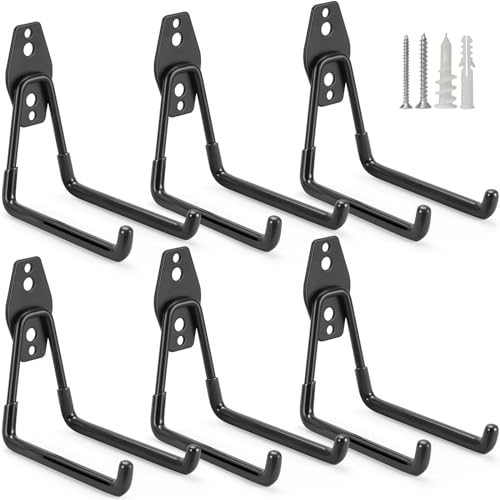6 Pack Garage Hooks Heavy Duty Storage Organizer Wall Mount Power and Garden Tool Hangers, for Hanging Ladders, Ropes, Hose, Bulk Items - color: Black 6 pack