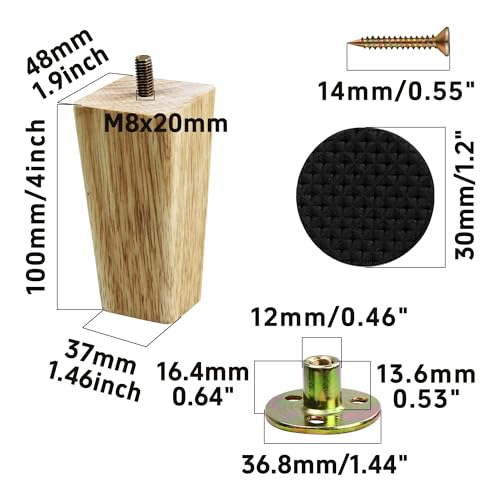 4PCS 4 Inch Solid Wood Furniture Legs, Square Wooden Sofa Couch Feet Leg Replacement for Desk Cabinet Bench Dresser Chair Bookcase Risers Parts, Log Stain - size: 4 Inch