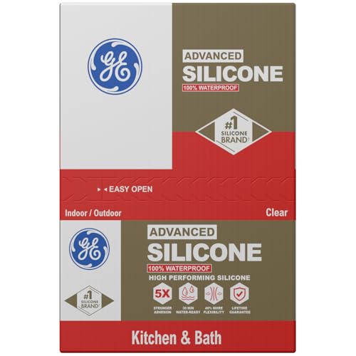 GE Advanced Silicone Caulk for Kitchen & Bathroom, Clear, 10 fl oz Cartridge, 12 Pack - 100% Waterproof Silicone Sealant, 5X Stronger Adhesion, Shrink & Crack Proof - size: Pack of 12, style: Clear