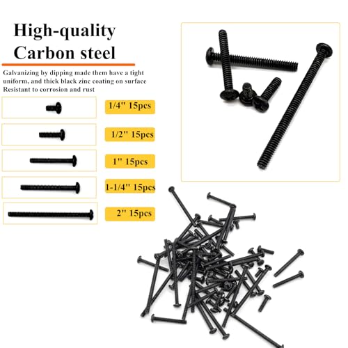 75 Pcs 5Sizes Black #6-32 Machine Screws Knob Screws Cabinet Screw Electricians Screw, Carbon Steel Zinc-Plated Phillips Pan Head Machine Bolts Assortment Kit - size: Black #6-32-5Size-75P