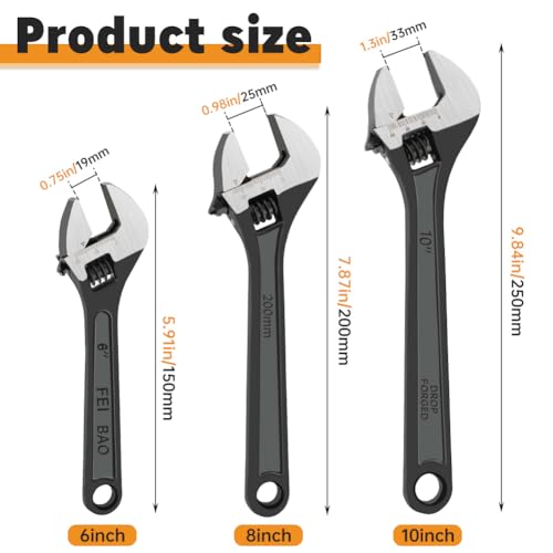 NINEFOX Adjustable Wrench Set 3 Piece Wide Jaw 6 8 10 In for Plumbing Auto
