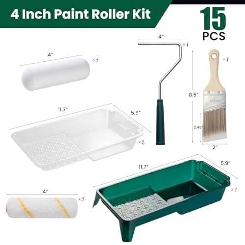 Paint Roller Kit, 15 Pack, 4 Inch Paint Roller, Paint Brush