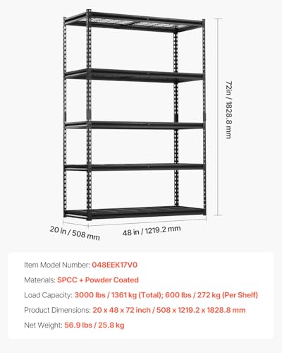 VEVOR Storage Shelves, 3000 lbs, 5 Tier Heavy Duty Garage Shelving, 20" D x 48" W x 72" H Adjustable Metal Shelves for Industrial Shelving Unit Utility Shelf, for Kitchen, Warehouse, Basement, Black - color: Black, size: 20" D x 48" W x 72" H