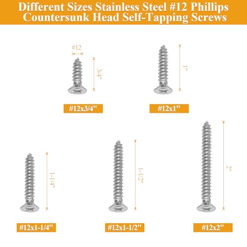 58 Pieces #12 x 3/4" 1" 1-1/4" 1-1/2" 2" Wood Screws Set, Phillips Countersunk Head #12 Self-Tapping Screws Assortment Kit, 304 Stainless Steel - size: #12, style: Phillips Countersunk Head
