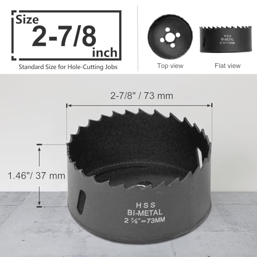 2-7/8 Inch Hole Saw with 3/8" Triangle Shank Quick Change Arbor, JTemgle Bi-Metal Hole Saw Heavy Duty Hole Cutting Tool for Cornhole Boards, Recessed Lights, Wood, Plastic, Drywall & Soft Metal - size: 2-7/8"