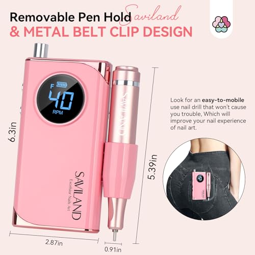 SAVILAND Electric Nail Drill Professional: 40000RPM Pink Rechargeable Portable Electric Nail Filer with 6000mAh Battery, for Shaping, Removing & Polishing Acrylic Nails Home Salon Manicure Gift - color: H -Light Pink