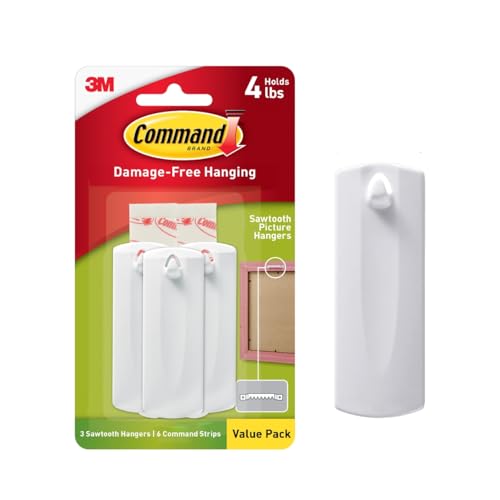 Command Sticky Nail Sawtooth Picture Hangers, 3-Pack, Damage-Free Wall Hanging, Holds 5 lbs Each, No-Tools Adhesive for Sawtooth Frames, Canvas Art and Home Decor, Removable with No Wall Damage