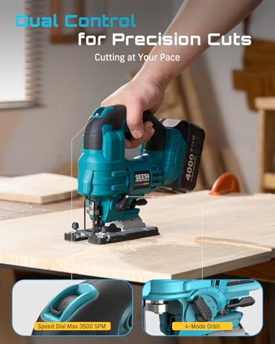 SEESII Brushless Jig Saw, Cordless Jigsaw Tool 2×4.0Ah Batteries - color: Light Blue