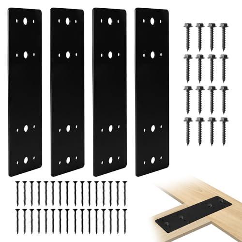 4Pcs Straight Steel Flat Plate, 10" X 3" Heavy Duty Mending Plate, Joining Brackets, Repair Joining Fixing Brace with 2 Sets of Screws Fit 4x4,6x6 Lumber