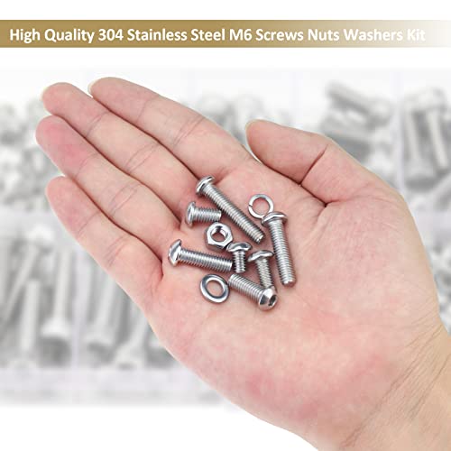 148 Pieces M6 x 10/12 /16/20 /25/30 /35mm Button Head Socket Cap Screws Nuts Washers Assortment Kit, 304 Stainless Steel, Fully Machine Thread - size: M6, style: Button Head