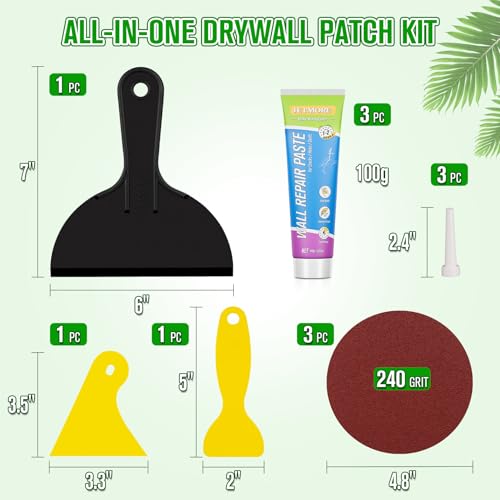 JETMORE 12 Pcs Drywall Repair Kit, 3 x 3.5 oz Wall Repair Paste for Cracks | Wall hole filler repairs nail holes, cracks and dents, Spackle wall repair suits sanding and repainting after application