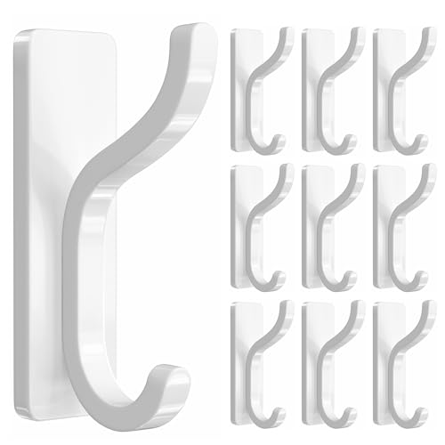 Adhesive Wall Hooks for Towel/Coat,13Lb Strong Stick-On Hooks,White 10 Pack - color: White, size: 10 Pack