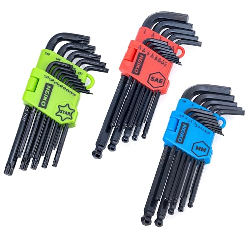 NEIKO 01104A Master Allen Wrench Set, 39 Pc Ball End Hex Key Set, Metric, Standard & Torx, SAE & MM Long Allen Keys 1.27mm to 10mm & 0.05” to 3/8 Inch and T5 to T50, Black Oxide Chrome Vanadium - size: Metric+SAE+Torx - 39pc
