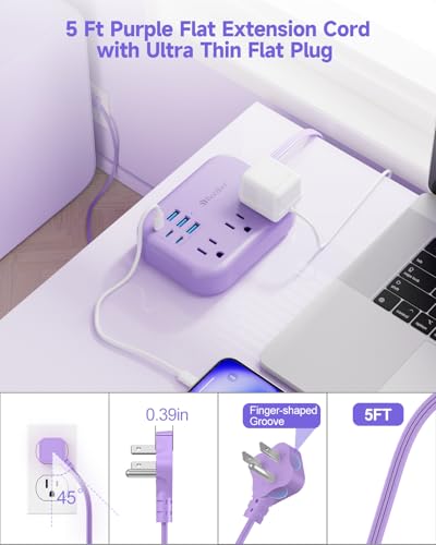 6 USB (3 USB C) Purple Travel Power Strip, 5Ft Extension Cord, 3 Outlets - size: Purple-6 USB 24W-5ft