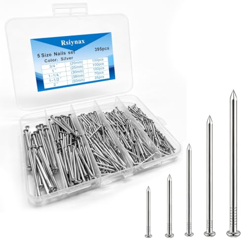 395Pcs Nails Assortment Kit, 5 Sizes Silver Hardware Nails for Hanging Pictures, Frames, Wood, Wall, Home DIY
